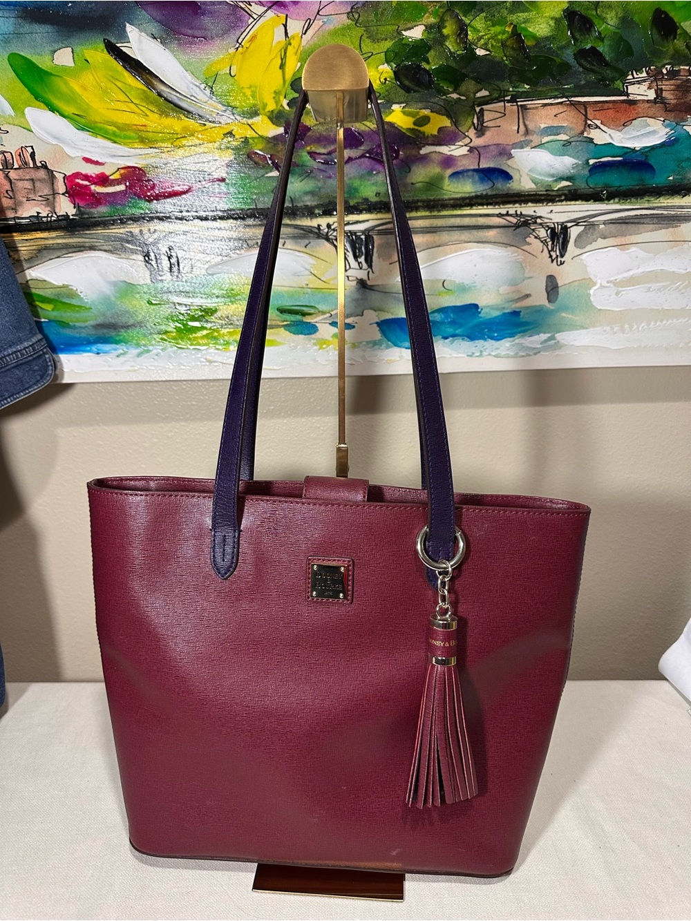 Dooney & Bourke Hadley Wine and Purple Saffiano Leather Tote with Tassel